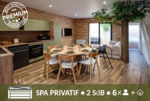 Maison cabane à Cholet avec salon, cuisine ouverte et accès terrasse dans un hébergement premium avec spa